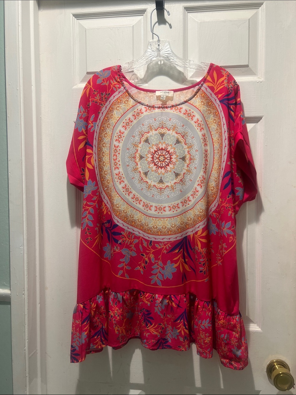 Umgee Pink Floral Medallion Ruffle-Hem Top